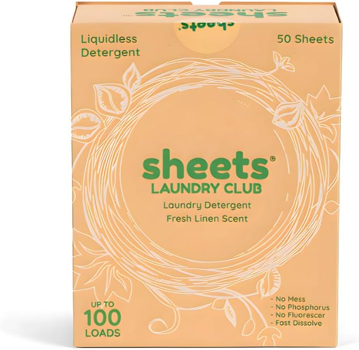 Sheets Laundry Club Laundry Detergent Sheets, 100 Loads - Fresh Linen Scent, Eco-Friendly, Quick-Dissolving Formula, Hypoallergenic, Septic Safe, Plastic-Free Packaging - 50 Sheets - NestledHome