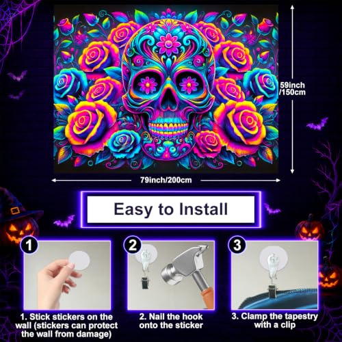 Blacklight Tapestry Floral Skull Bedroom Decor 78 x 59 Inch