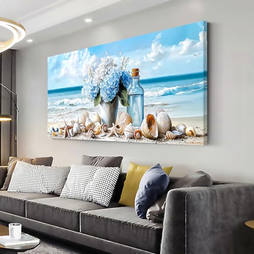 Romantic Beach Wall Art for Living Room Blue Shells Conch Vase Canvas Prints Modern Large Flower Bottle Bedroom Ocean Artwork Decor