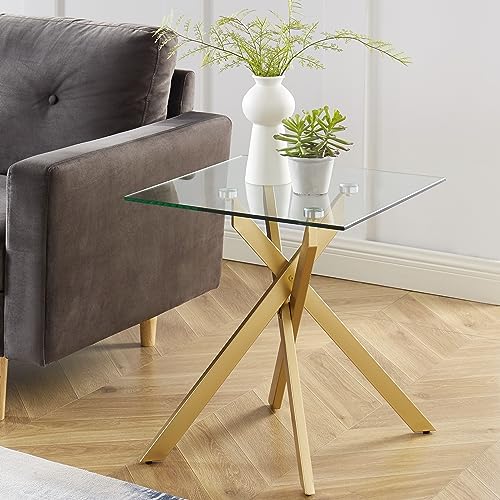 Gold Square Glass Side & End Table with Tempered Glass Top and Metal Tubular Legs