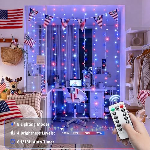 300LED Red White & Blue Curtain Lights for 4th of July (9.8 Foot)