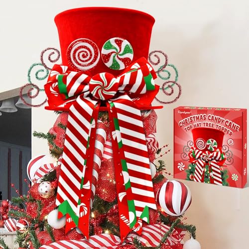 Candy Canes Christmas Tree Topper Red Hat Bow Xmas Decoration