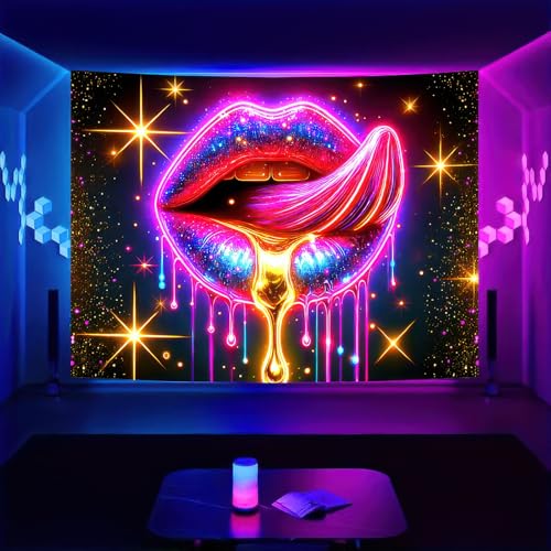 Blacklight Tapestry Lips Glitter Bedroom Decor 78 x 59 Inch