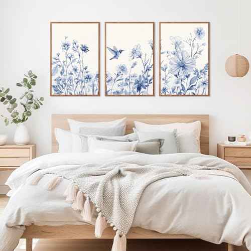 Vintage Blue Bird Flower Framed Canvas Wall Art