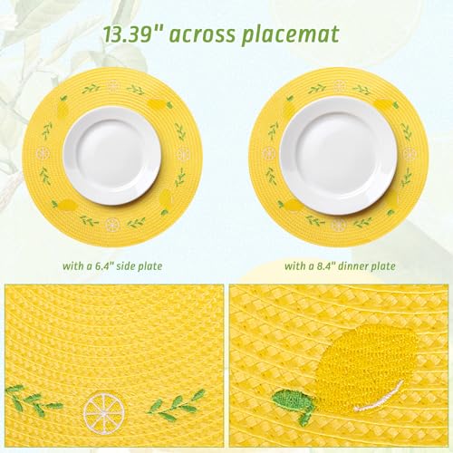 4Pcs Lemon Embroidered Placemats Round Place Mats Summer Lemon Greenery Leaves Dinner Table Mats for Home Wedding Baby Shower Birthday Party Decor (4 Count)