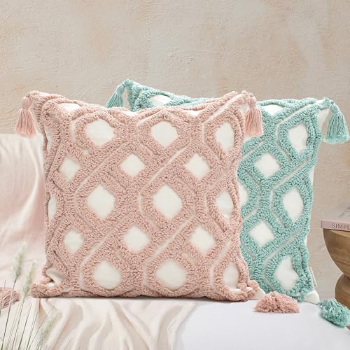 Boho Throw Pillow Covers 18x18 Tufted with Tassles