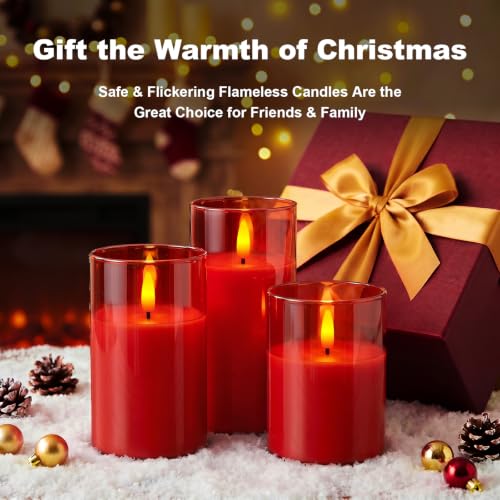 Red Glass Flameless LED Candles Battery Operated with Remote Timer (3 Count)