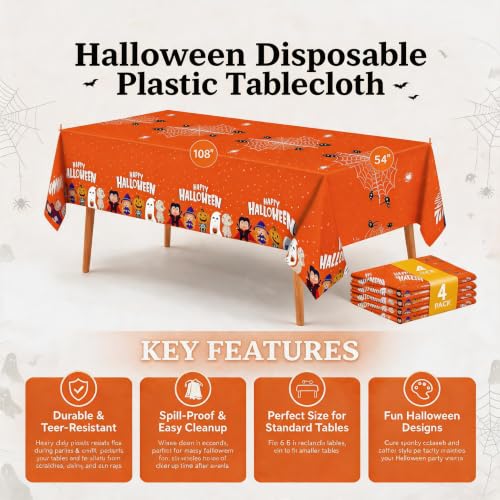 Halloween Tablecloth Disposable Table Cover Kids Birthday Party Decoration (4 Count)