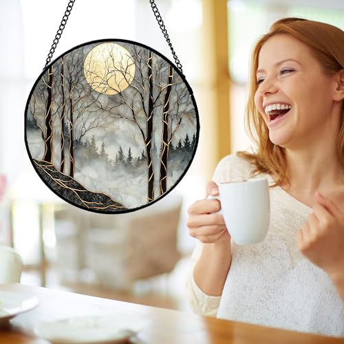 Night View of The Forest Stained Glass Window Hanging Gifts for Women 9.8"