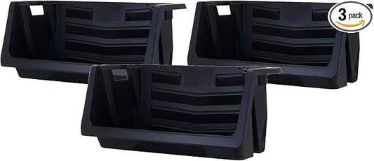 Mighty Tuff Heavy Duty Nesting Stack Bins, Pack of 3, Extra-Large Handles, Wide Front Opening, Interlocking, Stack Vertically, Holds Up To 100 Pounds, Black