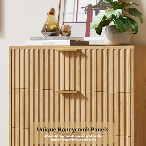 Fluted Natural 3 Drawer Dresser for Bedroom with Deep Drawers