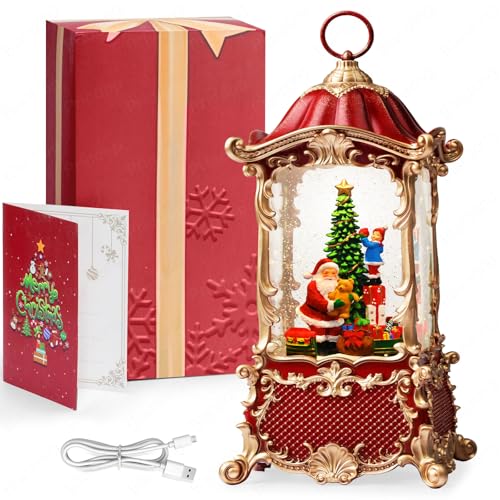 Snow Globes Lantern Home Decor Accent for Child Santa Claus Tree Auto Snowfall Glitter Music Collection with 6H Timer USB