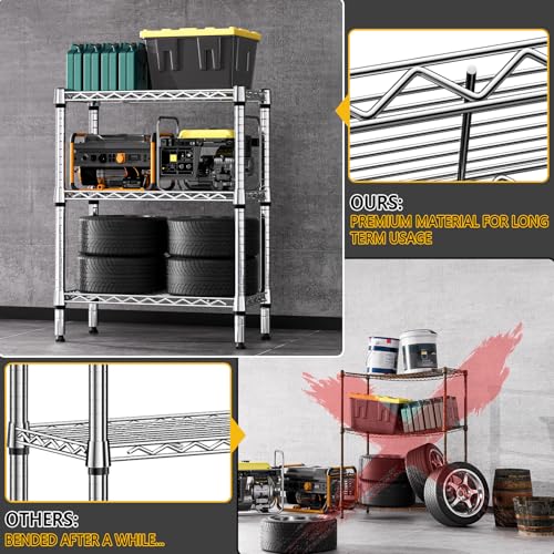 750 lbs 3 Tier Shelf Metal Storage Shelves Wire Rack Closet Organizers for Garage Kitchen Bathroom Laundry Chrome 11.8" D x 25.6" W x 31.5" H (3 Count)