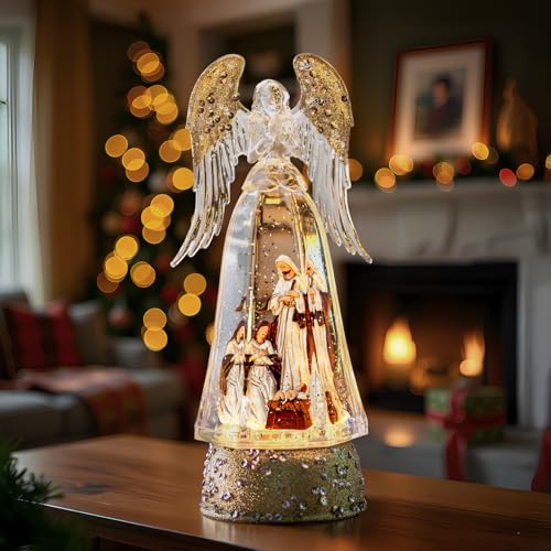 Christmas Snow Globe Lantern Water Glittering Angel & Nativity with Music & Timer