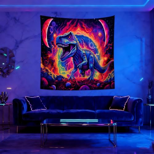 Blacklight Dinosaur Tapestry Wall Hanging Black Light Tapestries Uv Glow in the Dark Dino Poster for Teen Boys Room Bedroom 59.1" L x 59.1" W