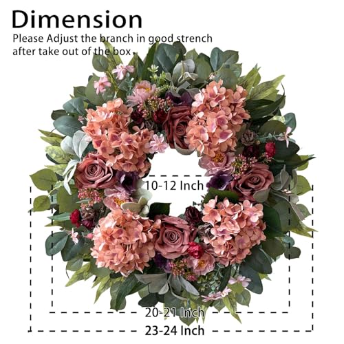 24 Inch Pink Hydrangea Spring Wreath for Front Door