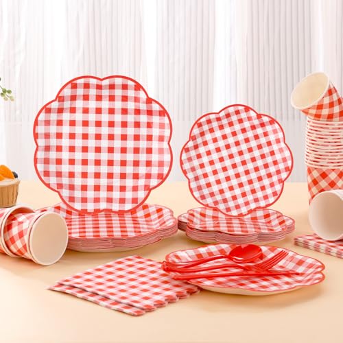 175 Pcs Red Gingham Plates and Napkins Party Supplies