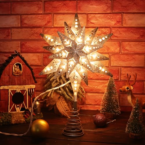 8 in Silver Glitter Snowflake Tree Topper with 25 Clear Lights