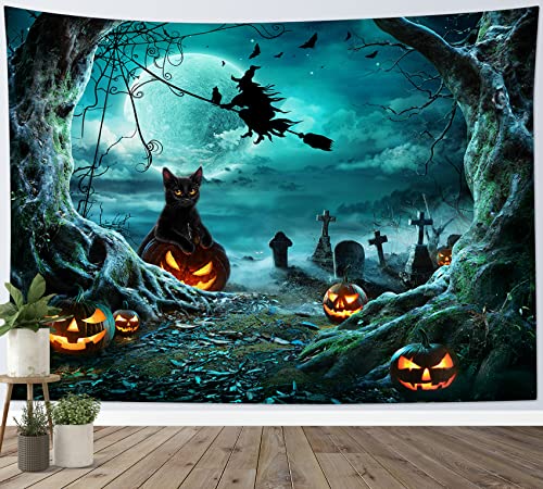 Halloween Tapestry Pumpkins Black Cat Dead Tree in Spooky Graveyard Full Moon Night with Witch Halloween Wall Hanging for Bedroom Living Room Dorm Decor 92.5x70.9 Inch