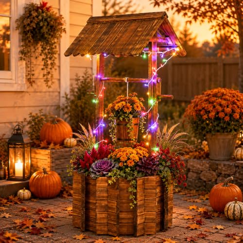54" Outdoor Wooden Wishing Well Planter with Colorful LED Lights