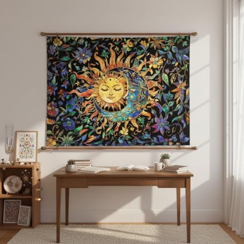 Sun and Moon Tapestry for Bedroom Boho Hippie Floral Wall Tapestry Aesthetic Vintage Stained Glass Plant Large Tapestries Wall Hanging for Living Room Dorm 80 x 60 Inch