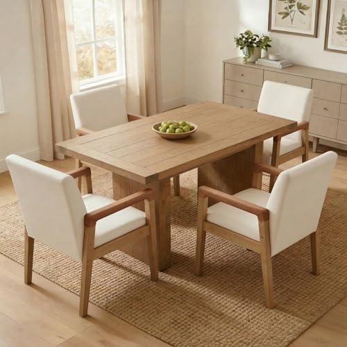 Modern Dining Chairs Set of 4 Linen Fabric Kitchen Arm Chairs Upholstered Accent Chairs with Wooden Legs for Dining Room (4 Count)