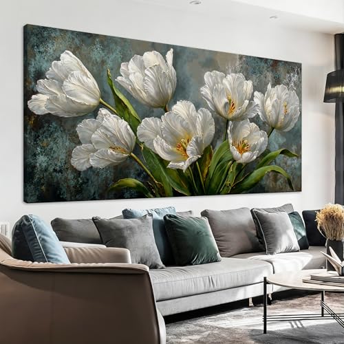 Large Canvas Wall Art Decor White Tulip Flower Canvas Art Wall Decor For Living Room Modern Floral Botanical Wall Art Prints Elegant Nature Flower Wall Art For Bedroom Home Office Wall Decor 24"×48"