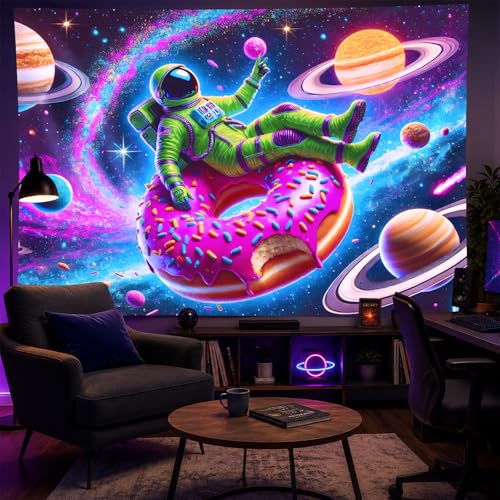 Blacklight Tapestry Astronaut Donut Glow Backdrop 78 x 59 Inch