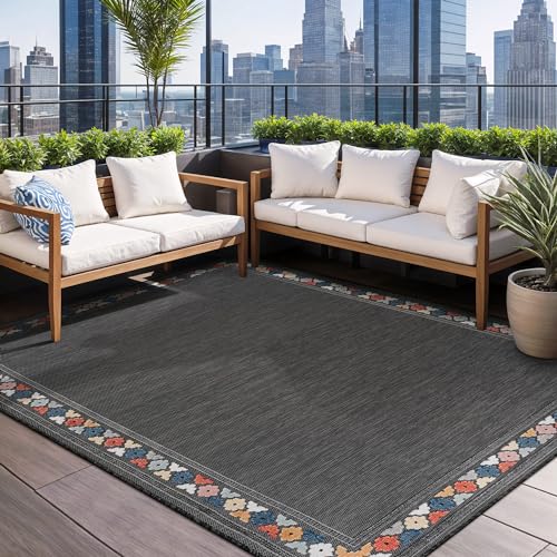 Outdoor Rug 9x12 Modern Bordered Large Area Rugs for Indoor and Outdoor Patio Easy to Clean Non Shedding Living Room Porch Garden Washable Outside Carpet