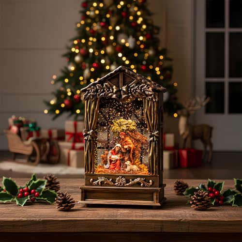Christmas Snow Globe Swirling Glittering Holy Family Manger Scene