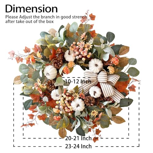 24 Inch Farmhouse Fall Wreath for Front Door with White Pumpkin