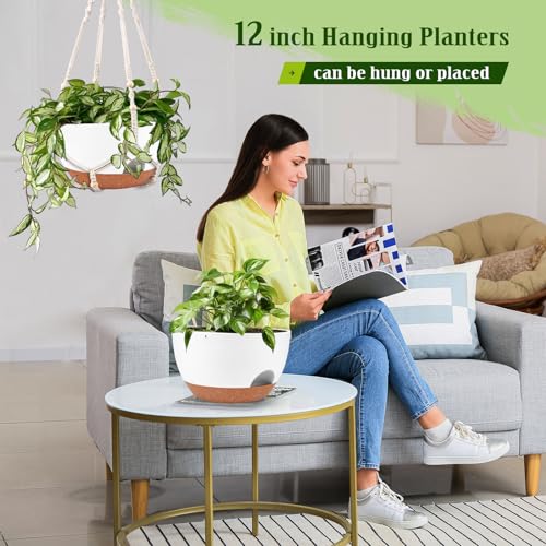 10 Inch Self Watering Hanging Planters with Metal Chain & Macrame Hangers (2 Count)