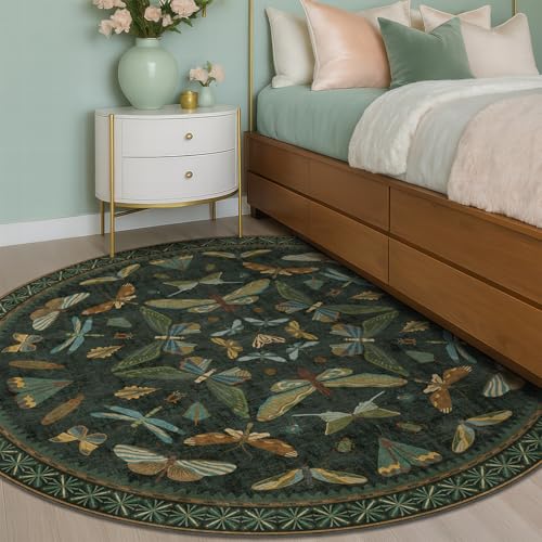 Dark Green Insect 6ft Round Washable Area Rug for Living Room (36 Sq Ft)