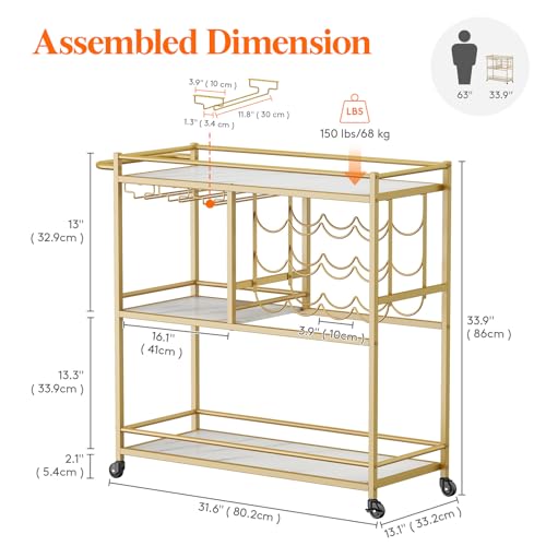 3 Tier Rolling Serving Bar Cart with Lockable Wheels