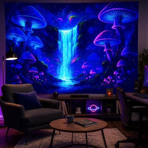 Blacklight Tapestry Forest Waterfall Wall Art 78 x 59 Inch