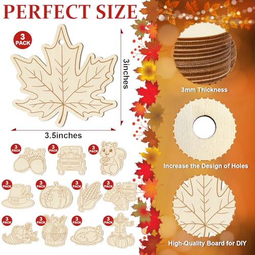 36PCS Wooden Thanksgiving Decoration Fall Ornaments to Paint Happy Thanksgiving Crafts Cutouts Unfinished (36 Count)