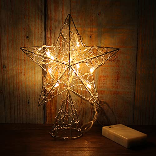 Silver Wire Twine Tree Top Star with Bright White LED Lights and Timer for Christmas Ornaments and Holiday Seasonal Décor