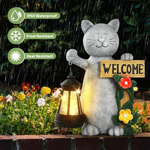 Garden Statue Solar Cat Figurine with Lantern