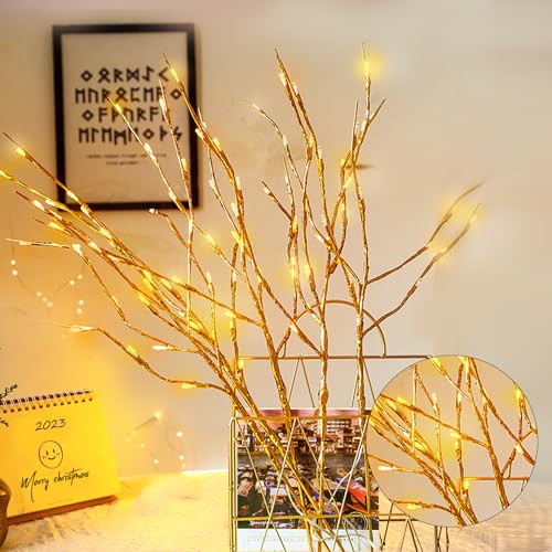 4 Pack Led Branch Light Battery Operated Lighted Branch Vase Filler Willow Tree Artificial Little Twig Power Golden 30 Inch 20 LED for Home Romantic Decoration (4 Count)