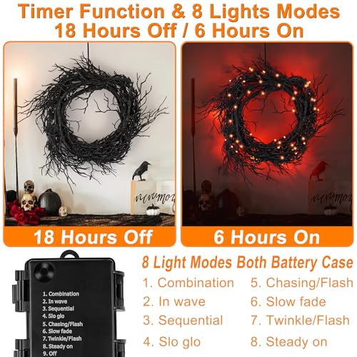 9 Ft 66 LED Willow Vine Twig Decor Black Halloween Garland with Orange Lights