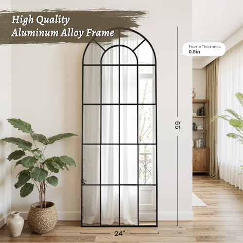 Arched Windowpane Mirror Full Length 65"x24" Wall Mounted Black Art Pane Farmhouse Decorative Floor Mirror Leaning Hanging Wall Mirror for Bedroom Living Room Entrance