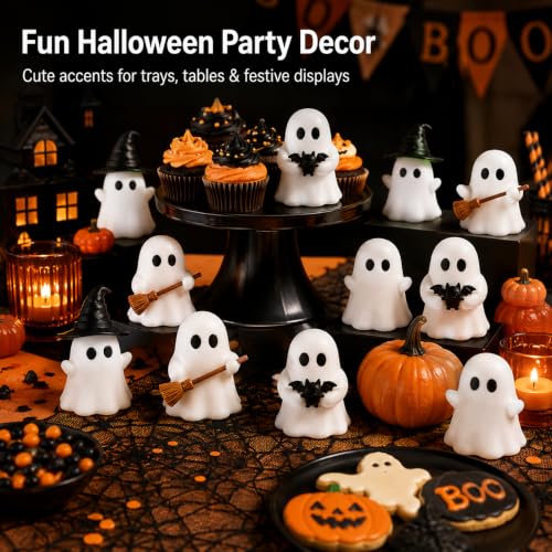 Halloween Shining in The Dark Night Ghost Figurines Cute White Ghost with Black Bat Hat and Broom Tabletop Ornaments Glowing Spooky Decorations for Indoor Home Party Mantel Shelf Desk Decor 12 Pcs