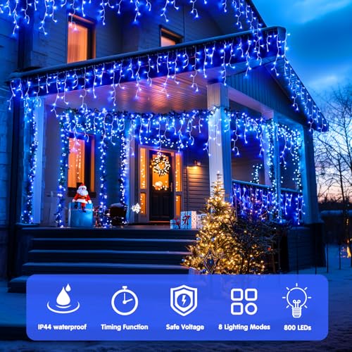 800 LED Blue Icicle Christmas Lights Outdoor