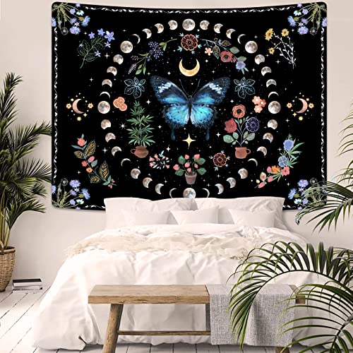Blue Butterfly Moon Flower Tapestry Boho Floral Plant Tapestries for Bedroom Aesthetic Nature Tapastry's Wall Hanging Mandala Botanical Wall Tapestry for Living Room Dorm