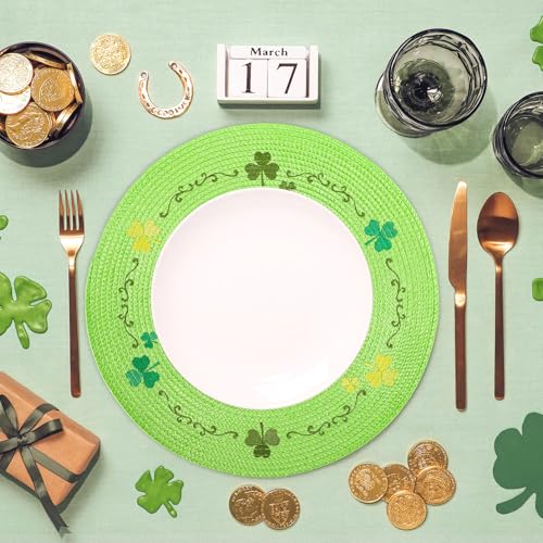 4Pcs Round St. Patrick's Day Placemats 13.4 Inch Embroidered Place Mats Green Shamrock Clover Dinner Table Mats for Home Spring Irish Holiday Birthday Party Decor (4 Count)