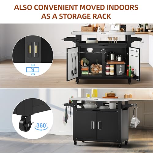 Outdoor Grill Cart with Storage Cabinet Metal Kitchen Island Prep Table with Movable Universal Wheels and Stainless Steel Top for Outside BBQ Backyard Include Hooks Spice Rack