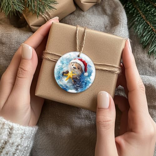 Coastal Beach Santa Sea Otter Christmas Ceramic Ornament