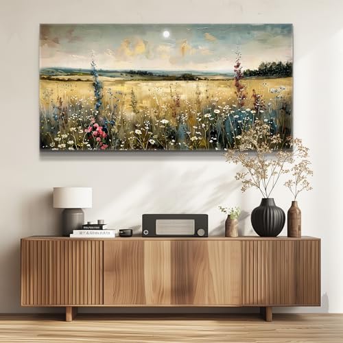 Large Vintage Natural Field Landscape Painting Home Decor Farmhouse Vintage Meadow Wildflowers Modern Printed Artwork Living Room Decor Bedroom Office Can Be Hung Directly 30 X 60 Inches