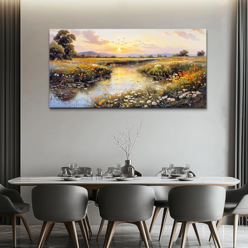 Large Canvas Wall Art For Bedroom Wall Decorations For Living Room Office Decor Rivulet View Painting Farmhouse Field Scenery Watercolour Pictures Home Decoration Ready To Hang 24x48 In