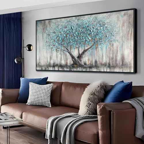 Framed Blue Tree Canvas Wall Art Extra Large Tree of Life Teal 58x29